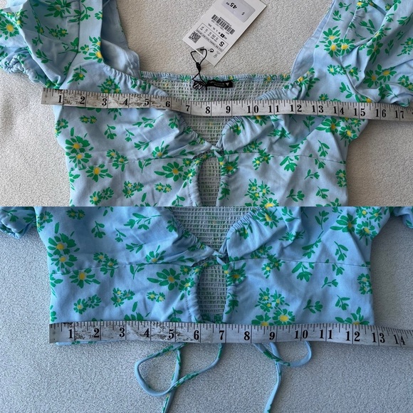 NWT Zara Floral Linen Blend Puff Sleeve Crop Top S - Picture 9 of 14